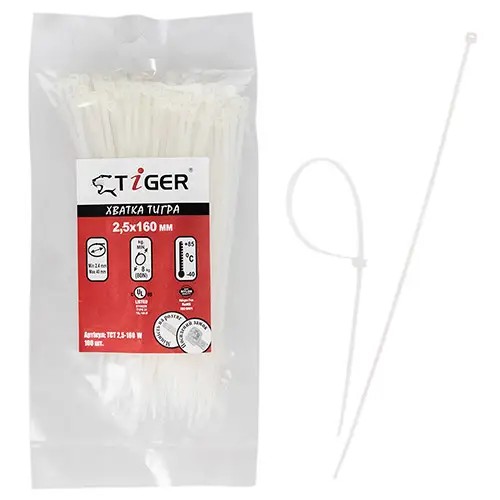 Хомут пластиковий Tiger ТСТ W2.5 х 160 100шт/пач білий (ТСТ W2.5 х 160)