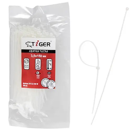 Хомут пластиковий Tiger ТСТ W3.5 х 150 (100 шт). білий (ТСТ W3.5 х 150)